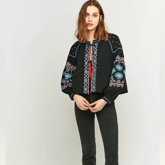 FREE PEOPLE Embroidered Swing Jacket (Black, blue & orange graphic) size Medium - Picture 3 of 15